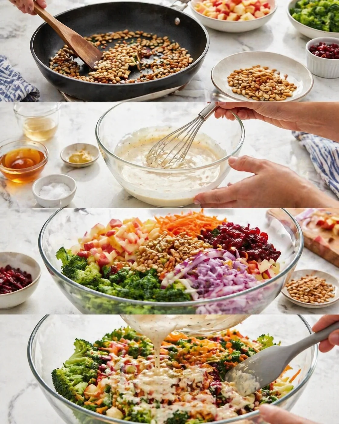 Multi-panel collage showing a salad being assembled with toasted nuts, dressing, and chopped apples and beets.