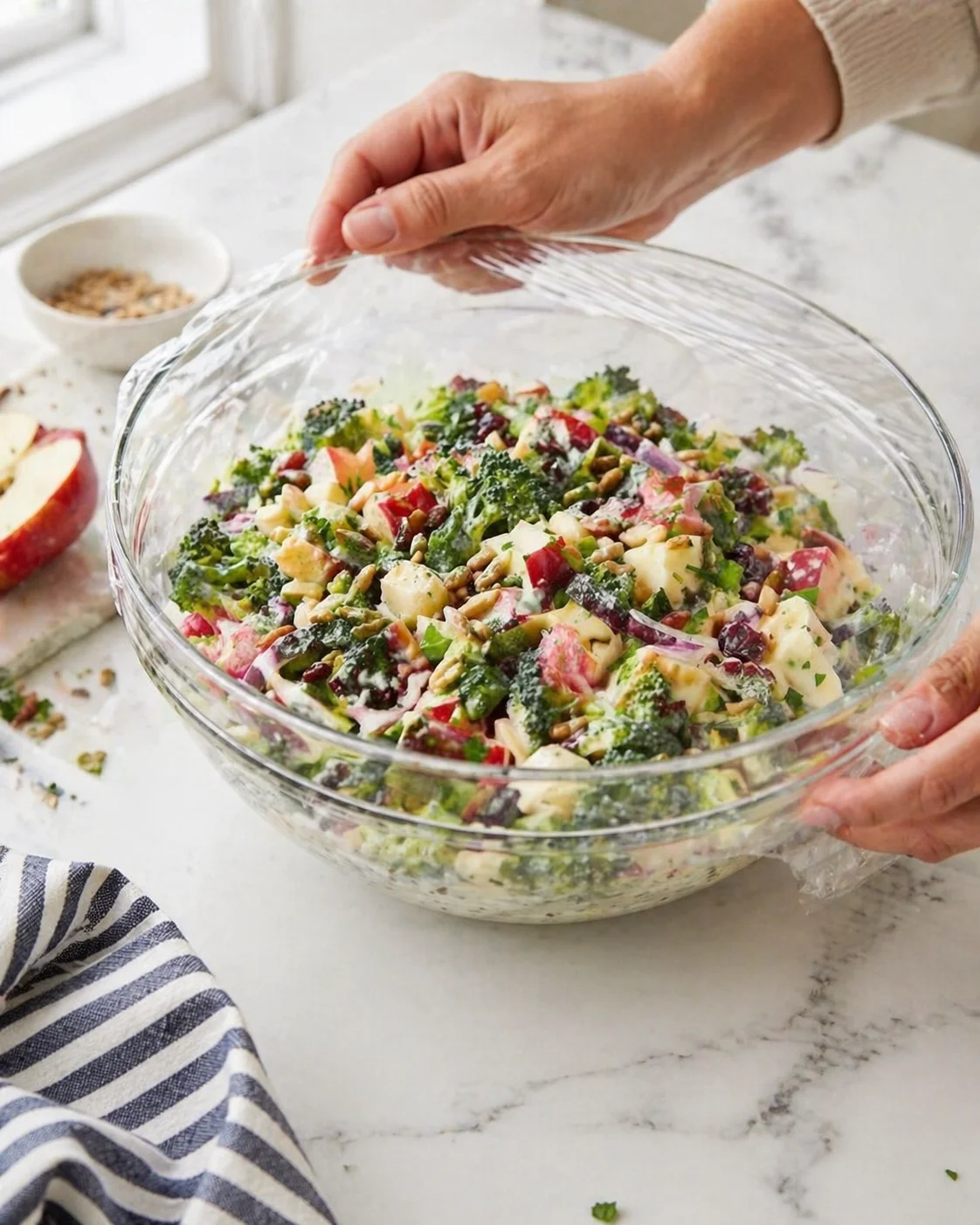 Hands lift plastic wrap off a large glass bowl of chopped kale, apples, onions, and nuts.