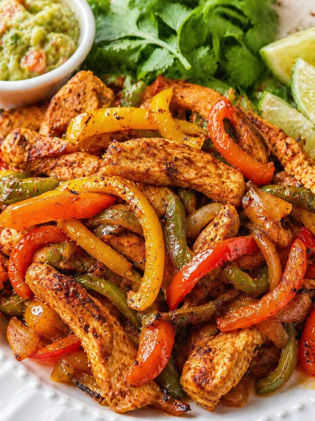 sizzling chicken fajita strips with peppers on a white plate, garnished with cilantro and lime wedges.