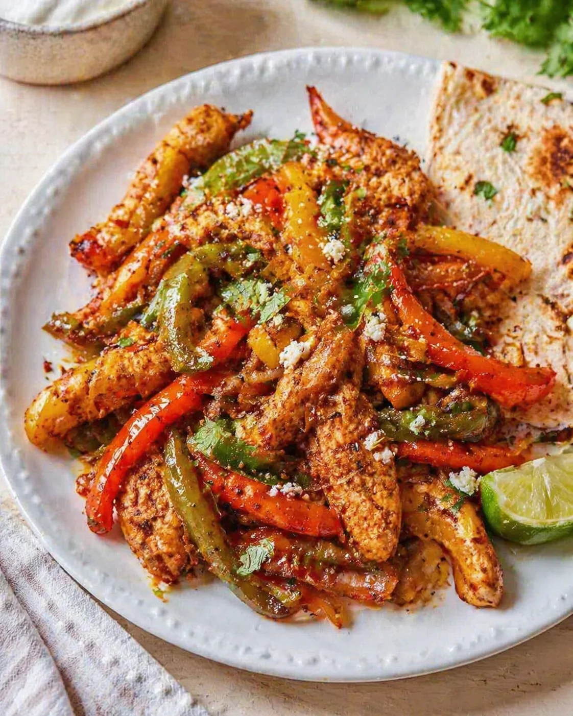 colorful chicken fajitas with red, green, and yellow peppers on a white plate, lime wedge nearby