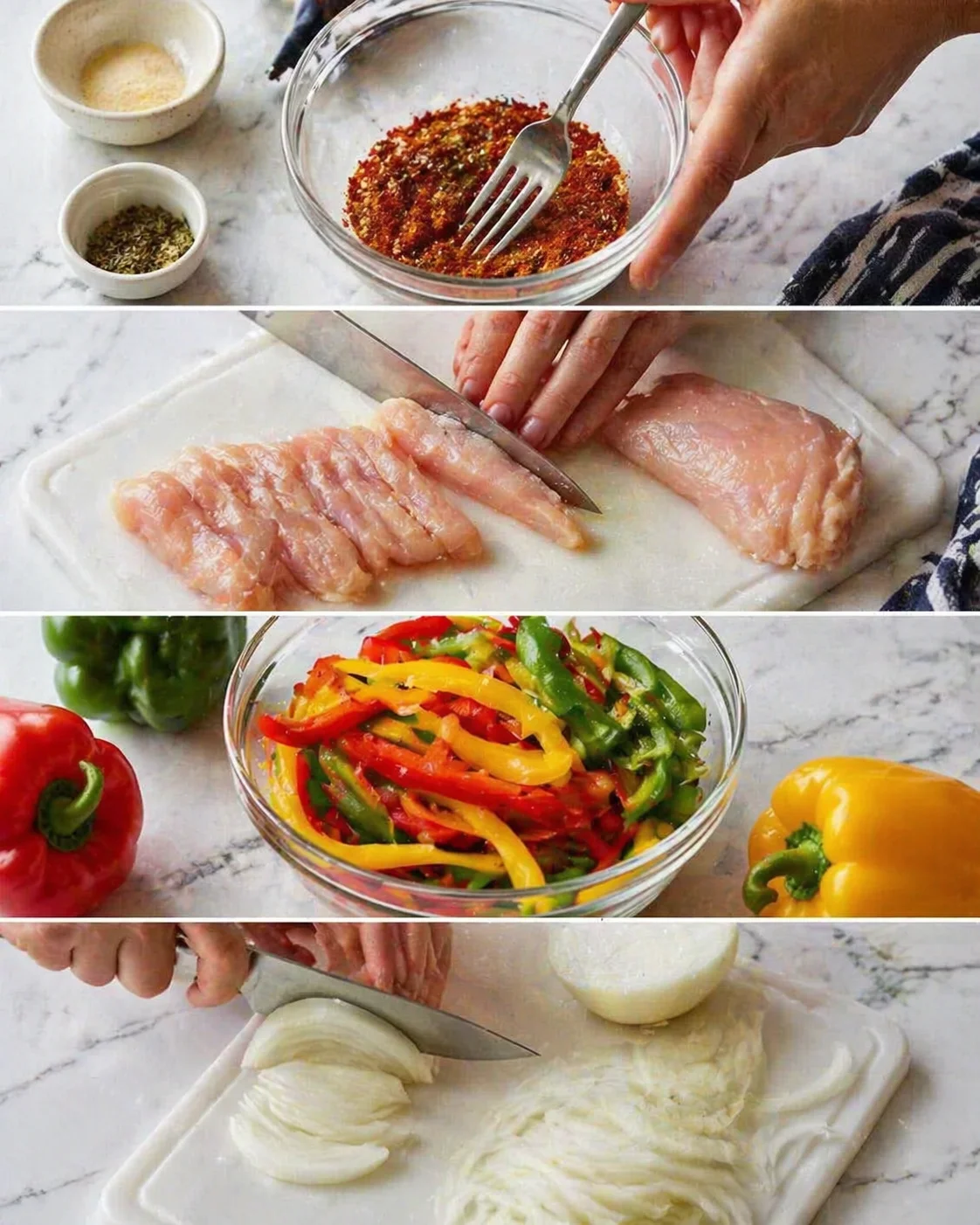 collage of step-by-step prep: chili paste, raw chicken, sliced peppers, and onions on marble counter.