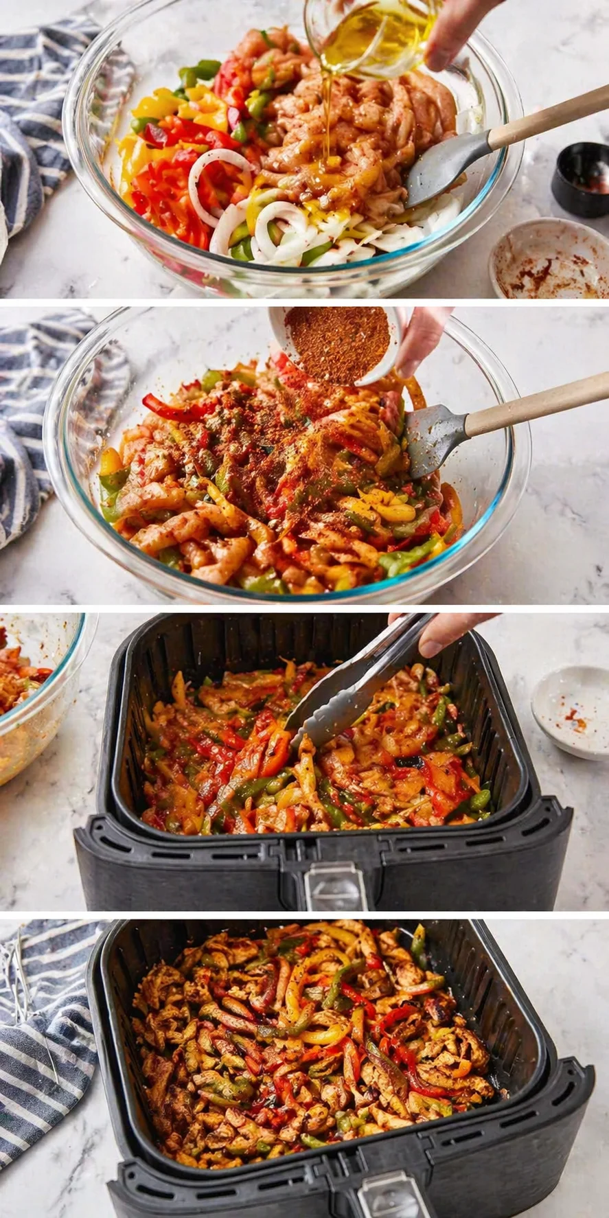 collage of chicken and colorful vegetables in a glass bowl, oil being poured, then cooking in an electric cooker.
