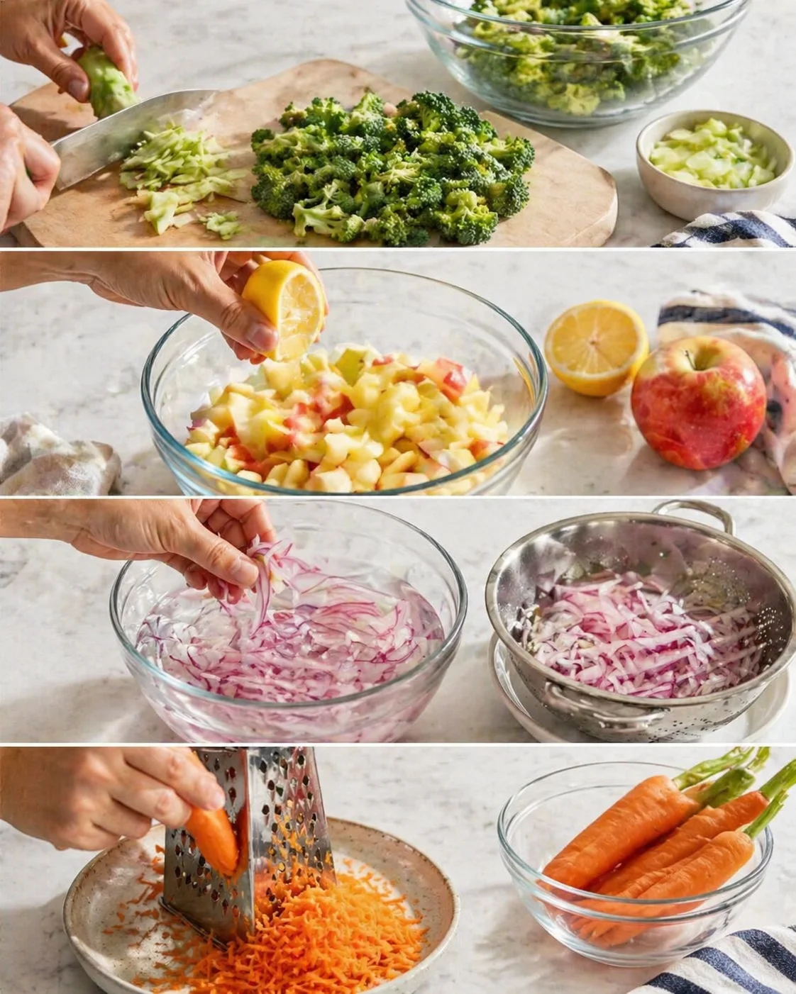 Multi-panel collage of hands chopping broccoli, squeezing lemon into diced apples, shredding red onion, and grating carrots.