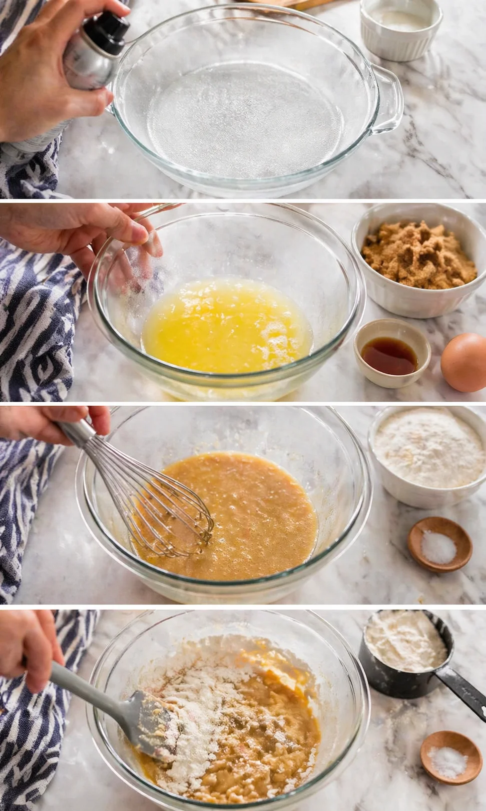 four-panel collage showing step-by-step cookie dough prep with eggs, sugar, whisking, and flour