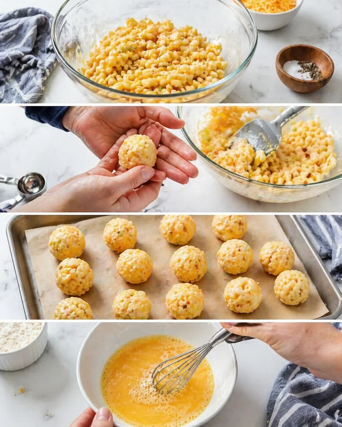 collage showing hands shaping cheesy corn macaroni balls on a kitchen counter