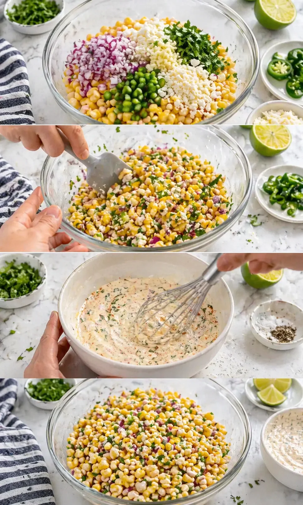 Step-by-step view of a corn salad being prepared: colorful toppings, and a whisked creamy dressing.
