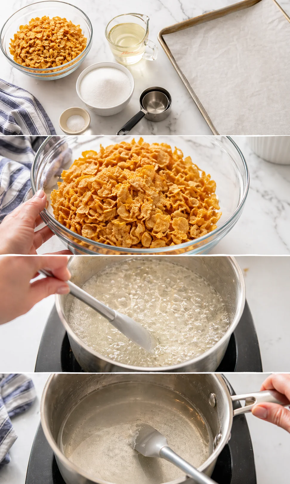 multi-panel kitchen-scene showing cornflakes, sugar, oil, parchment sheet, and a bubbling pot of mixture