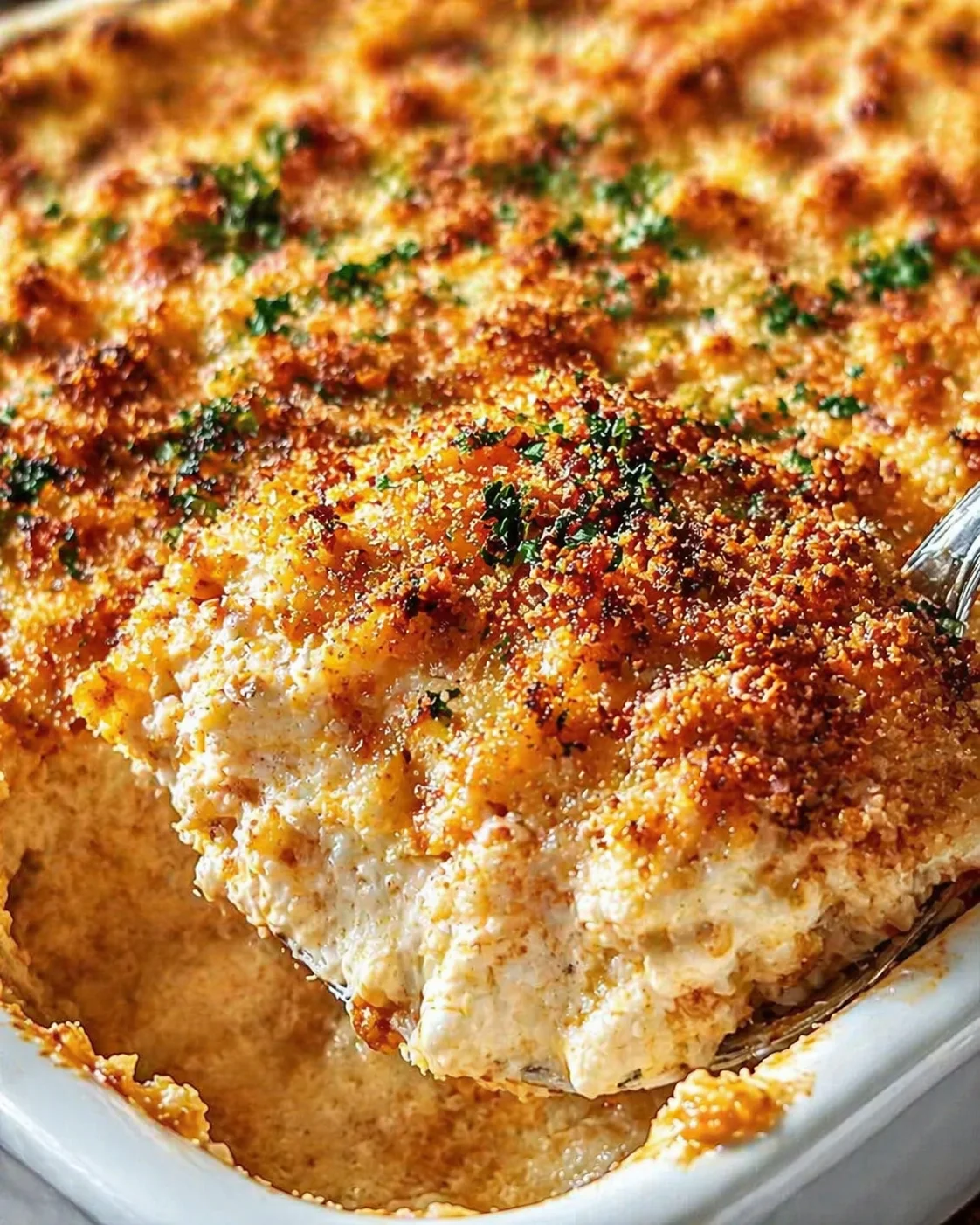 Close-up of a creamy baked casserole with a golden breadcrumb crust in a white baking dish