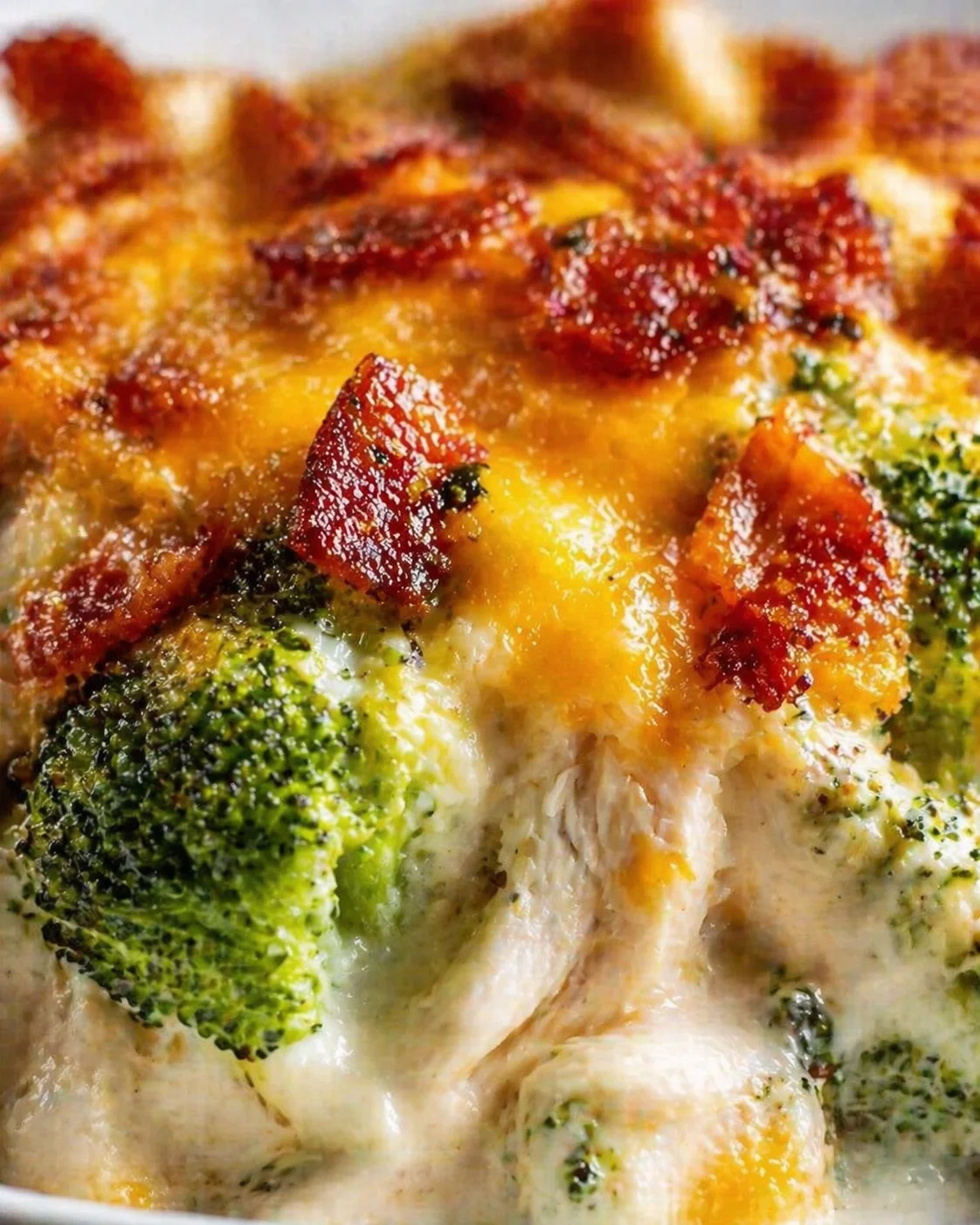 close-up of creamy broccoli and chicken bake topped with melted cheese and crispy toppings