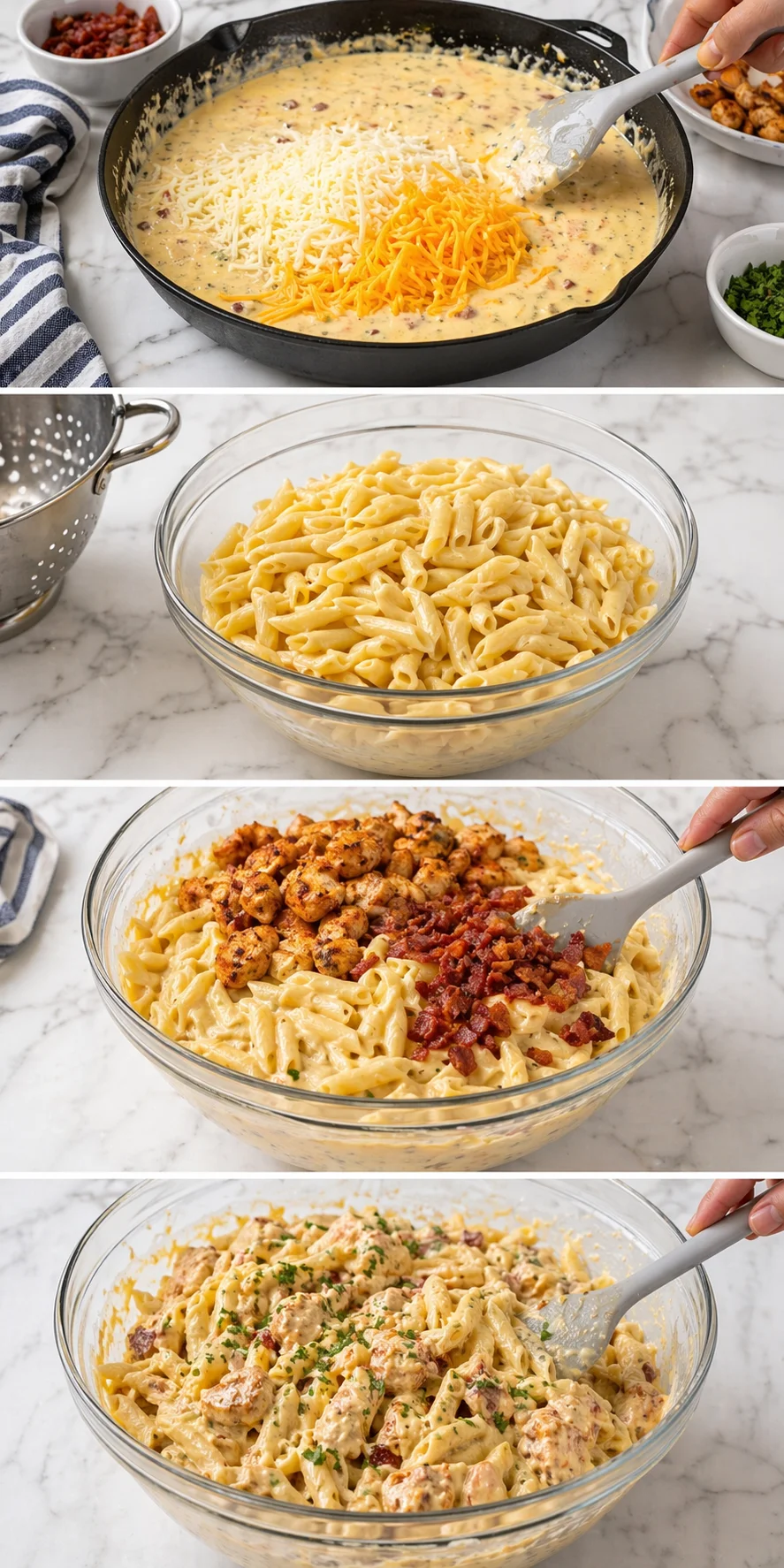 collage of steps to make creamy chicken bacon pasta: sauce, pasta, bacon and chicken mix