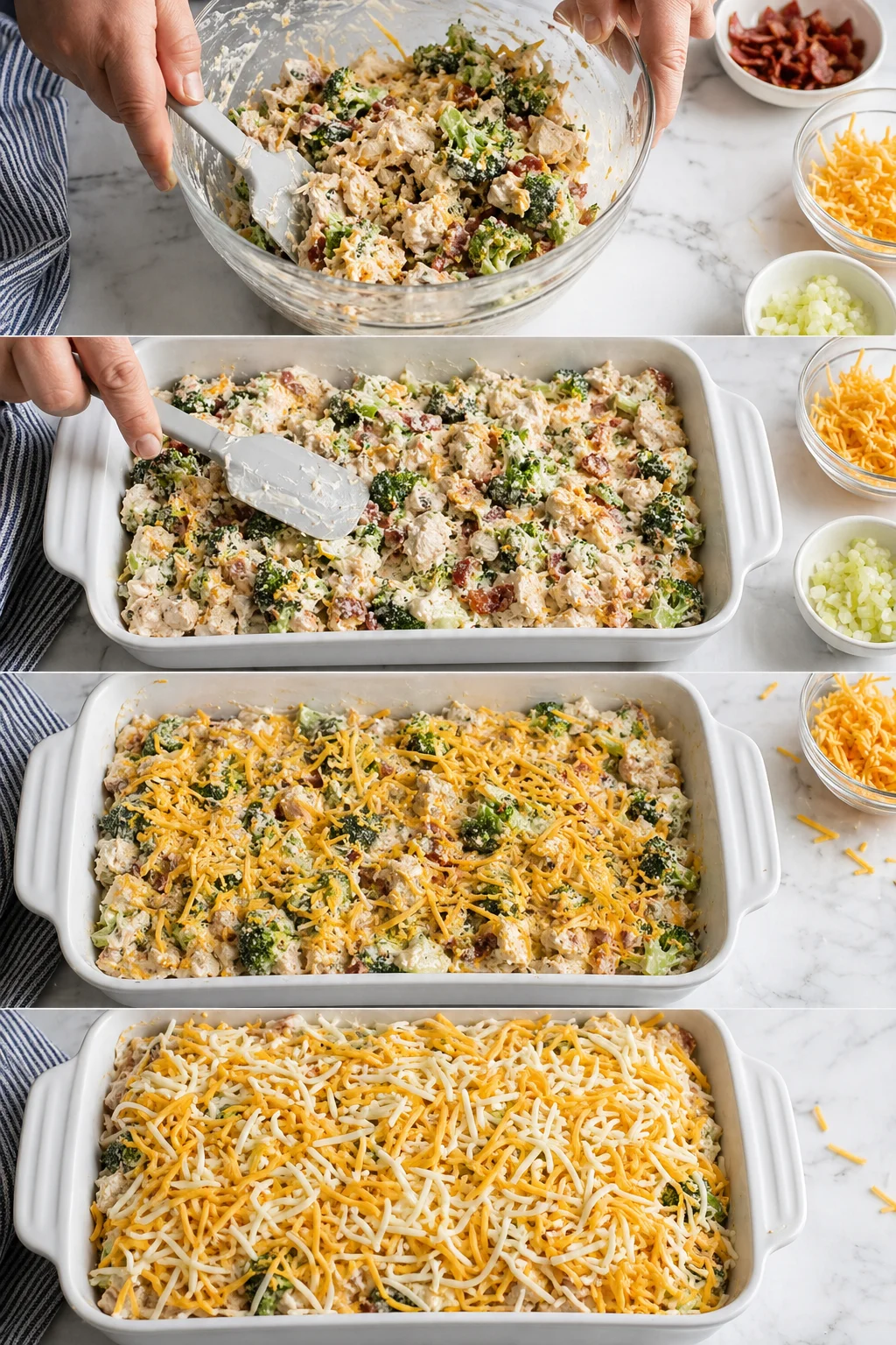 Multi-panel collage showing step-by-step creamy chicken broccoli casserole being assembled.