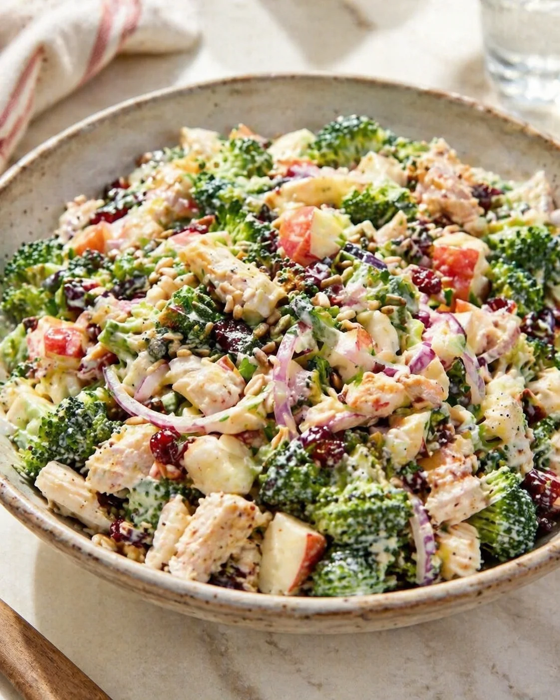 Rustic ceramic bowl filled with creamy chicken broccoli salad with apples, red onion, cranberries, and seeds