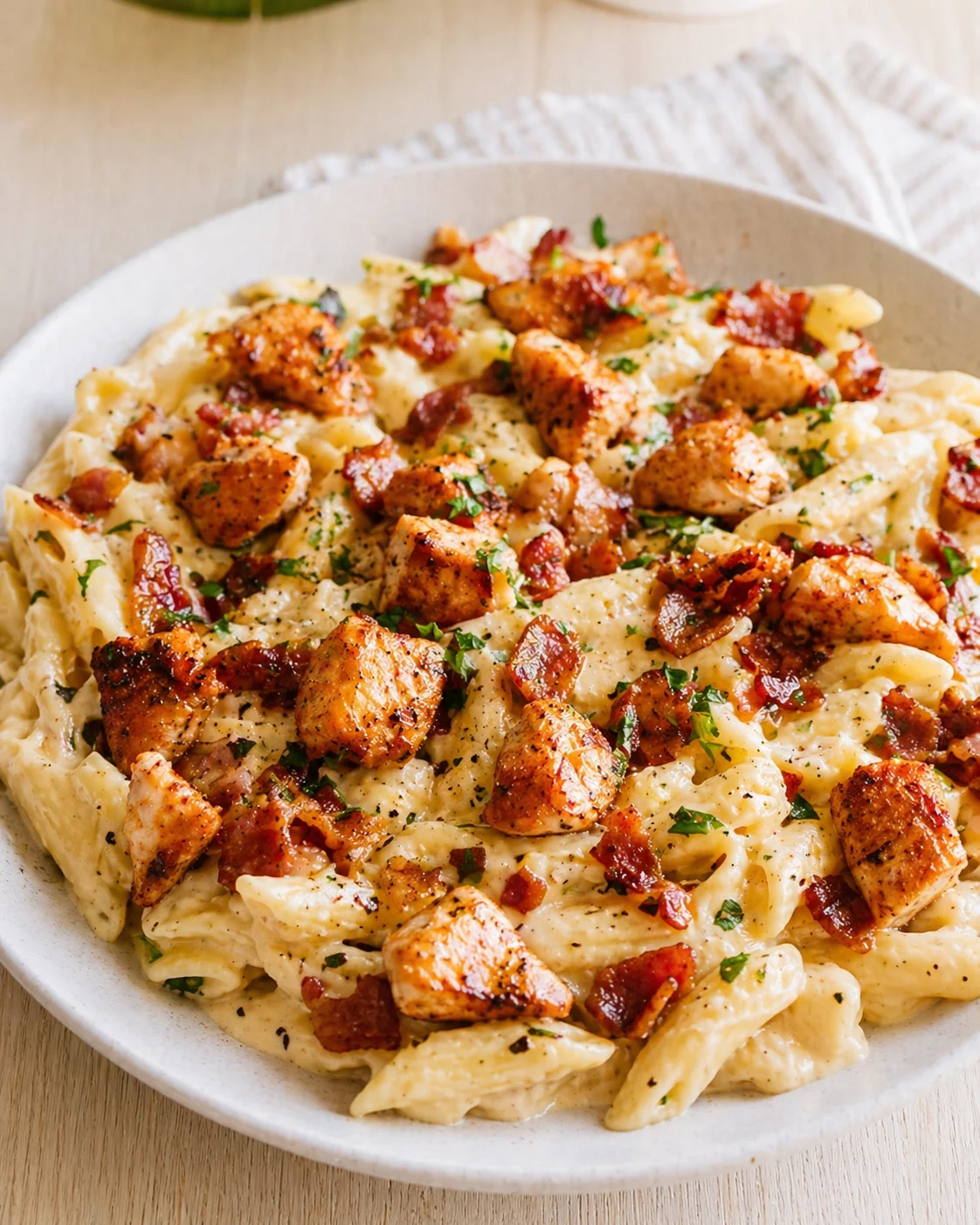 Creamy pasta with chicken and bacon on a light wooden table, garnished with parsley.
