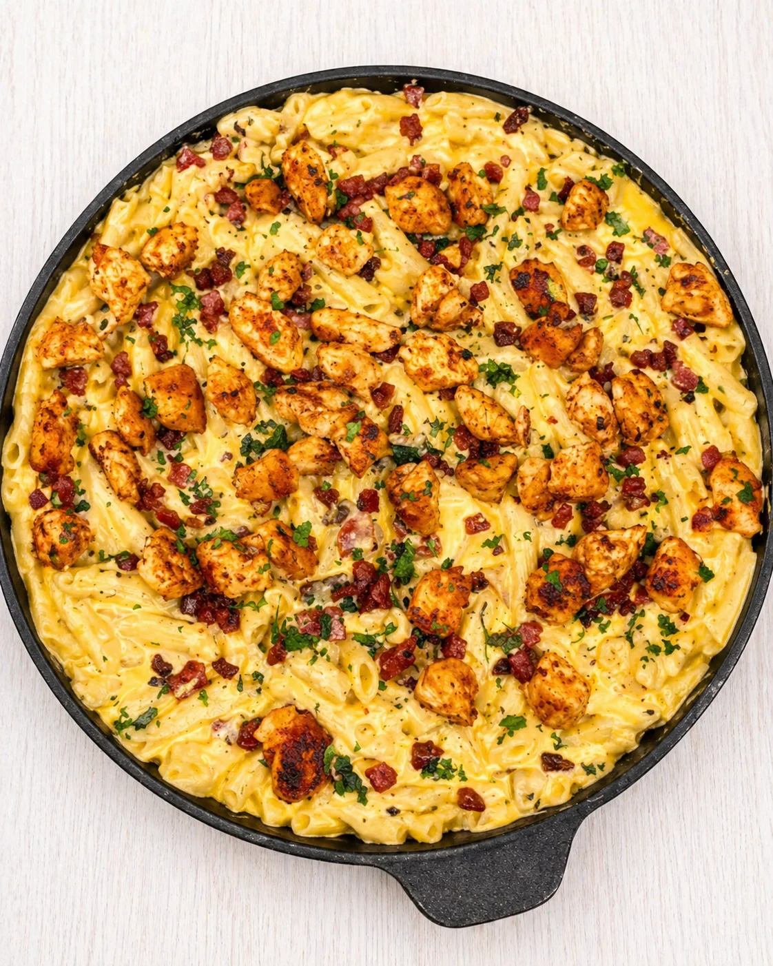 Creamy chicken pasta with bacon bits in a black skillet