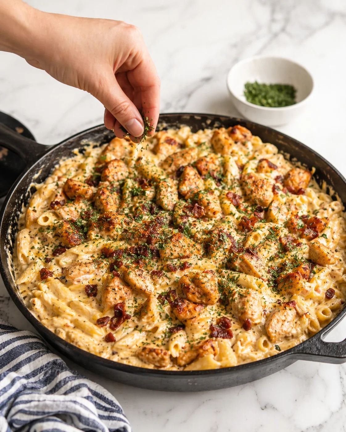 creamy chicken pasta with bacon in a skillet, hand sprinkling chopped herbs