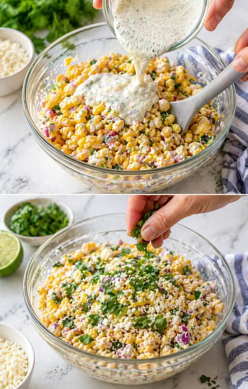 Two-panel collage of corn salad being dressed with creamy herb sauce, then cilantro and cheese are added.