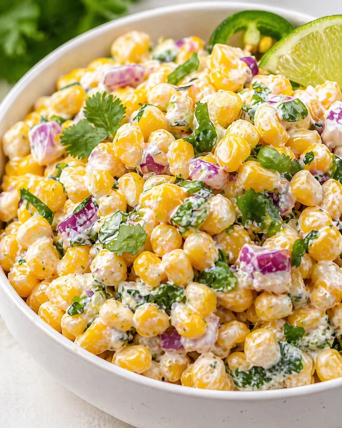Creamy corn salad with red onion, cilantro, and lime wedge in a white bowl.
