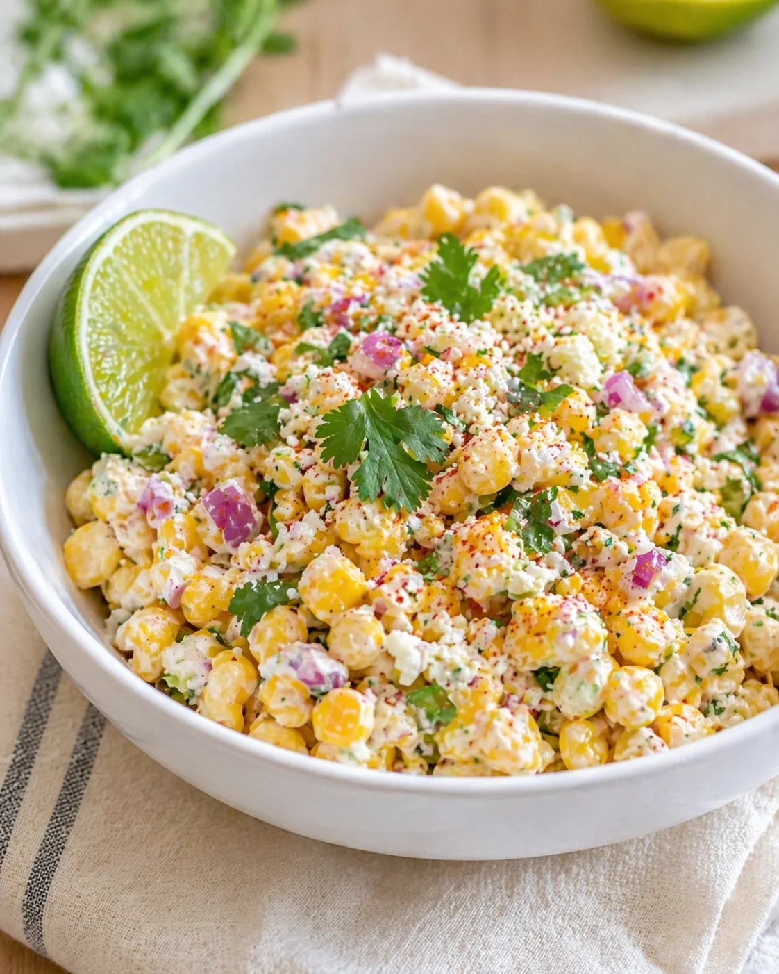 White bowl filled with creamy corn salad, topped with cilantro.