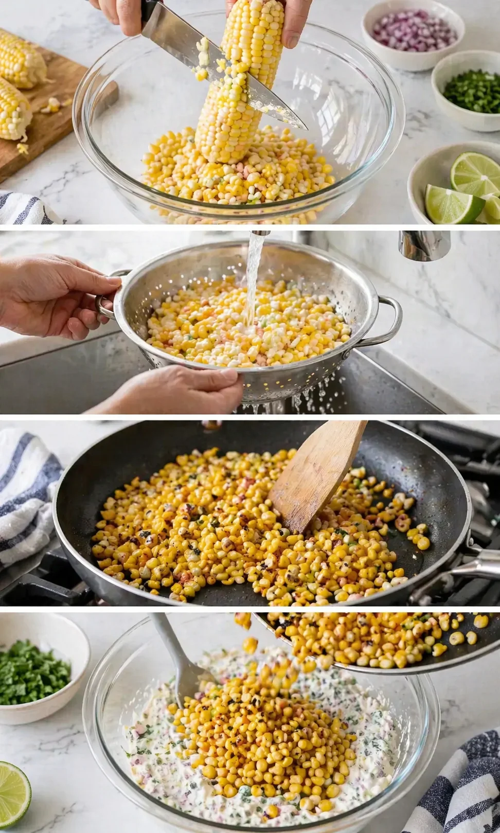 collage showing corn preparation: cutting kernels, rinsing, sautéing, and mixing with herbs in a bowl
