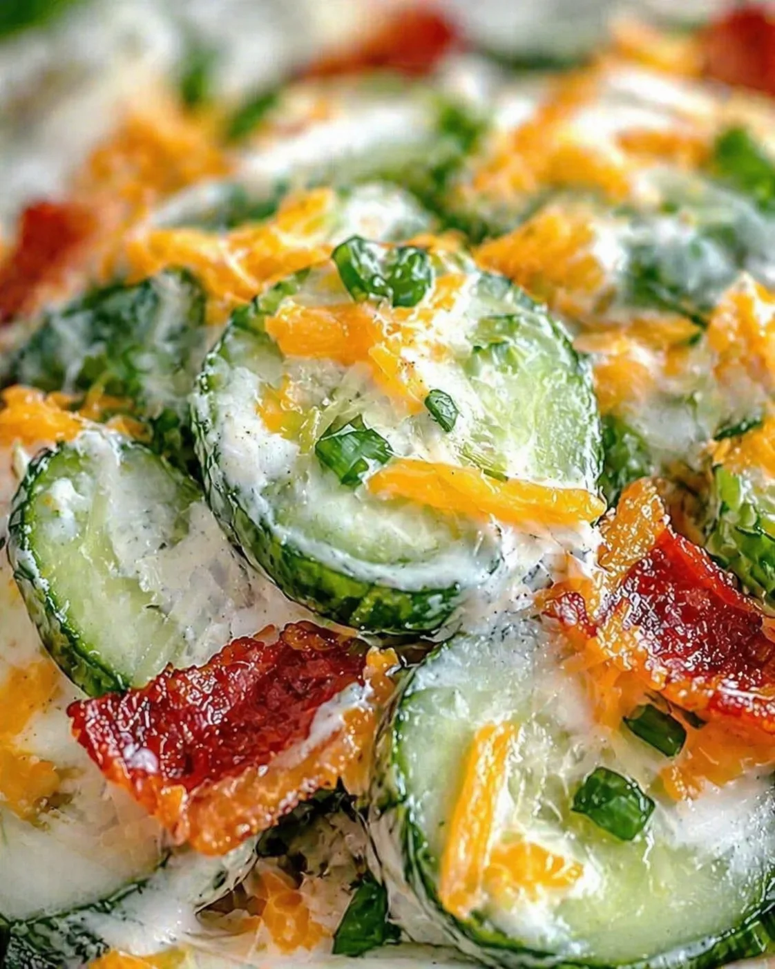 close-up of cucumber slices with orange segments in a creamy dressing and herbs
