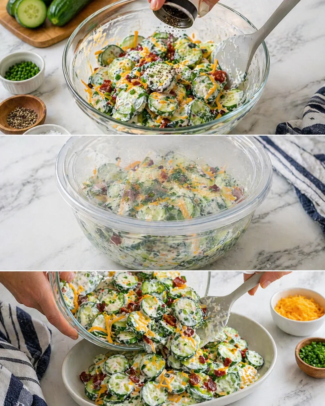 three-panel collage of cucumber salad with dill in a creamy dressing, cheese, and bacon bits
