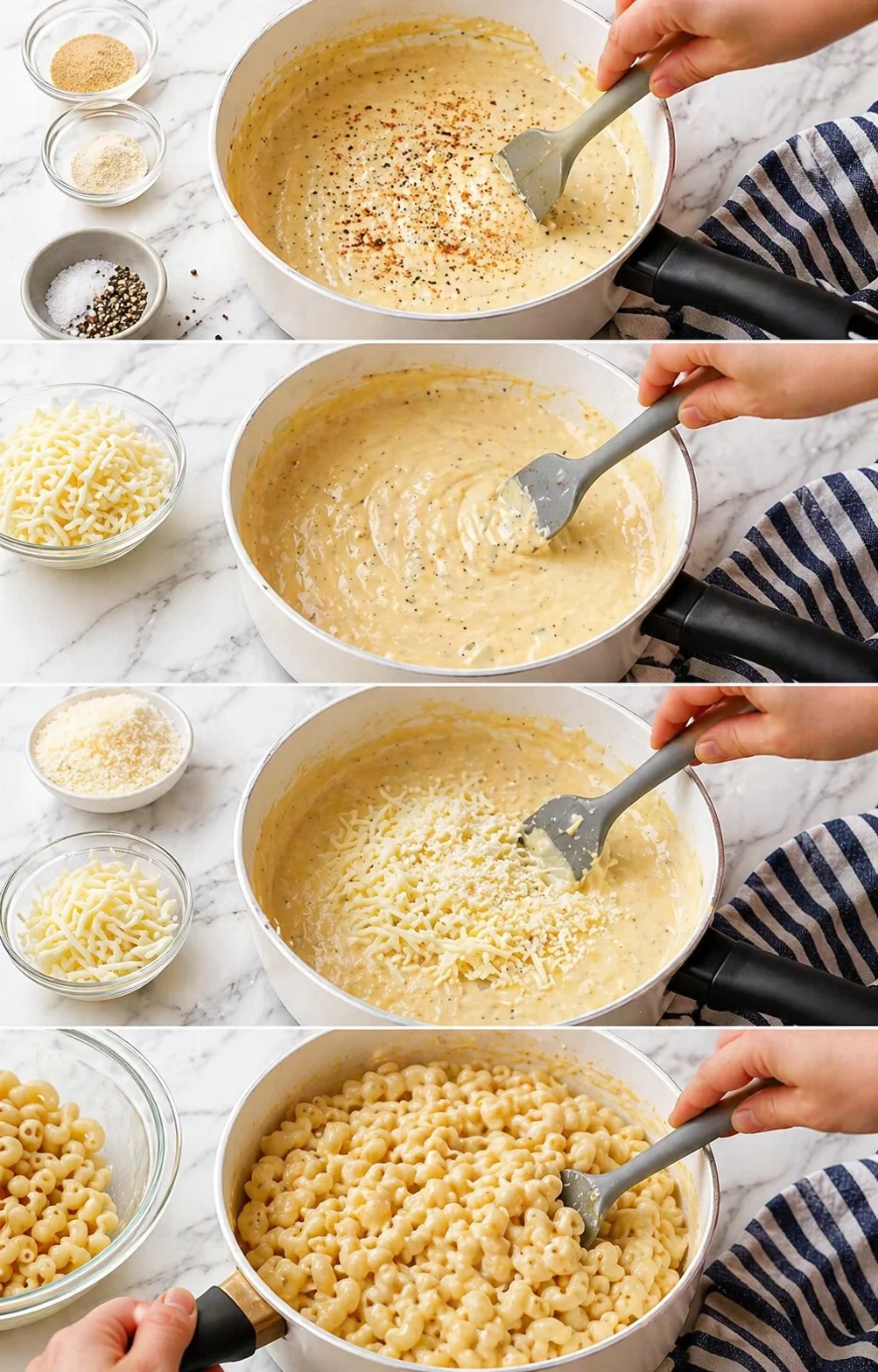 Hands stirring a creamy cheese sauce in a pot with grated cheese nearby