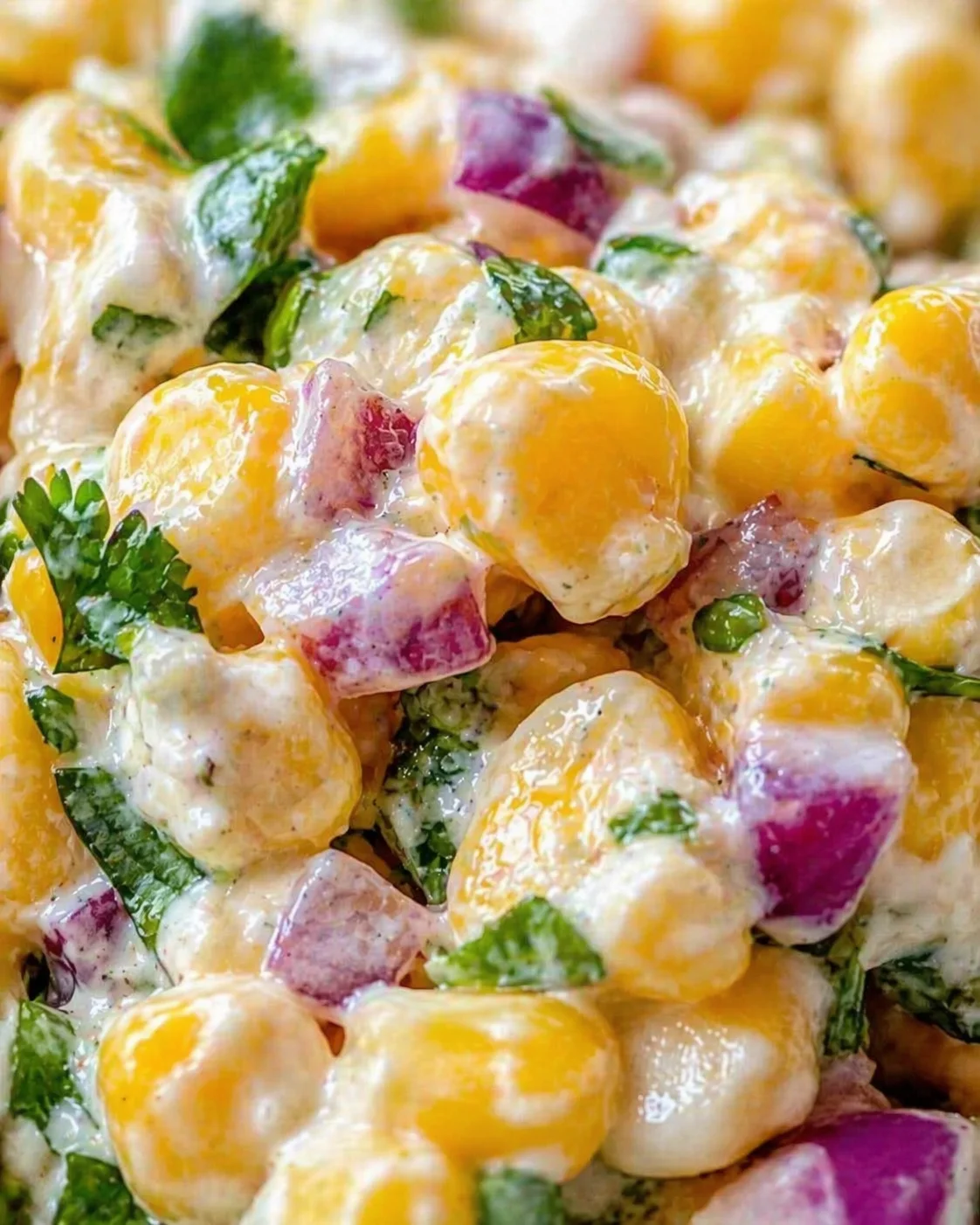 Close-up of creamy potato salad with yellow and purple potato chunks, herbs, and mayo dressing.