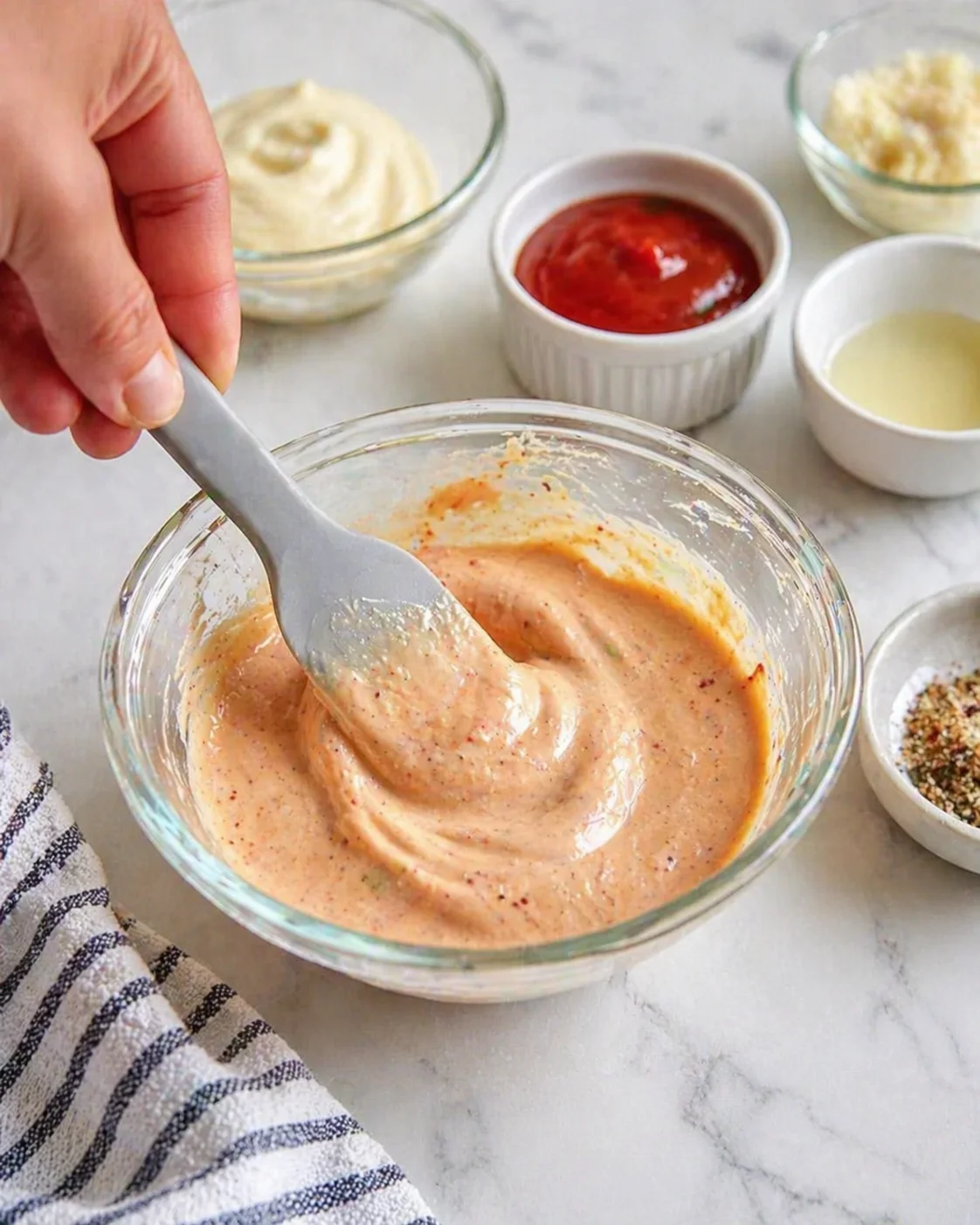 Hand stirs pinkish creamy sauce in glass bowl; background shows condiments in small bowls and a striped towel.