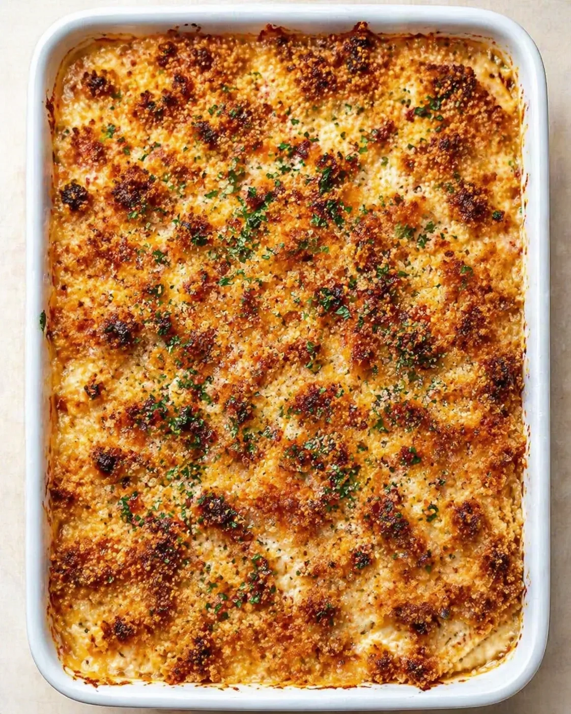 baked macaroni and cheese in a white casserole dish with golden breadcrumb crust and parsley