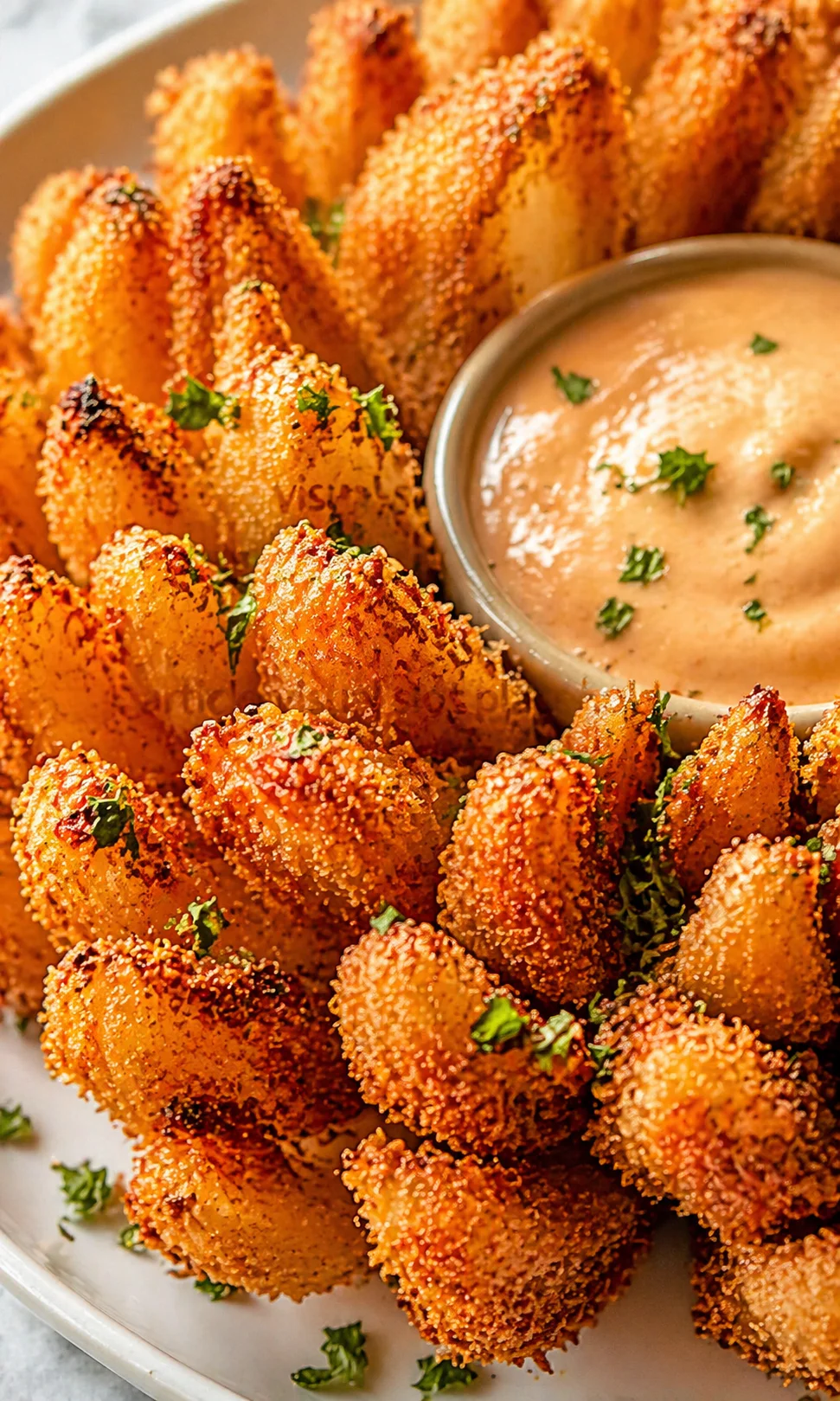 Golden-brown potato wedges with crisp breadcrumb coating around a creamy dipping sauce, garnished with parsley.