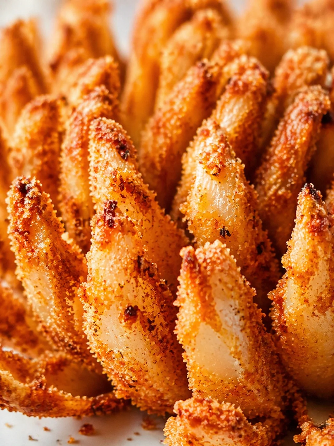 Close-up of golden, crispy, breaded potato wedges piled on a plate.