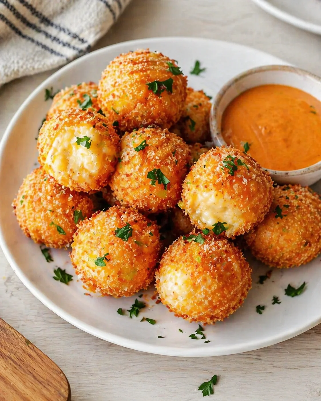 Plate of golden-brown cheese balls with orange dipping sauce, sprinkled with parsley.
