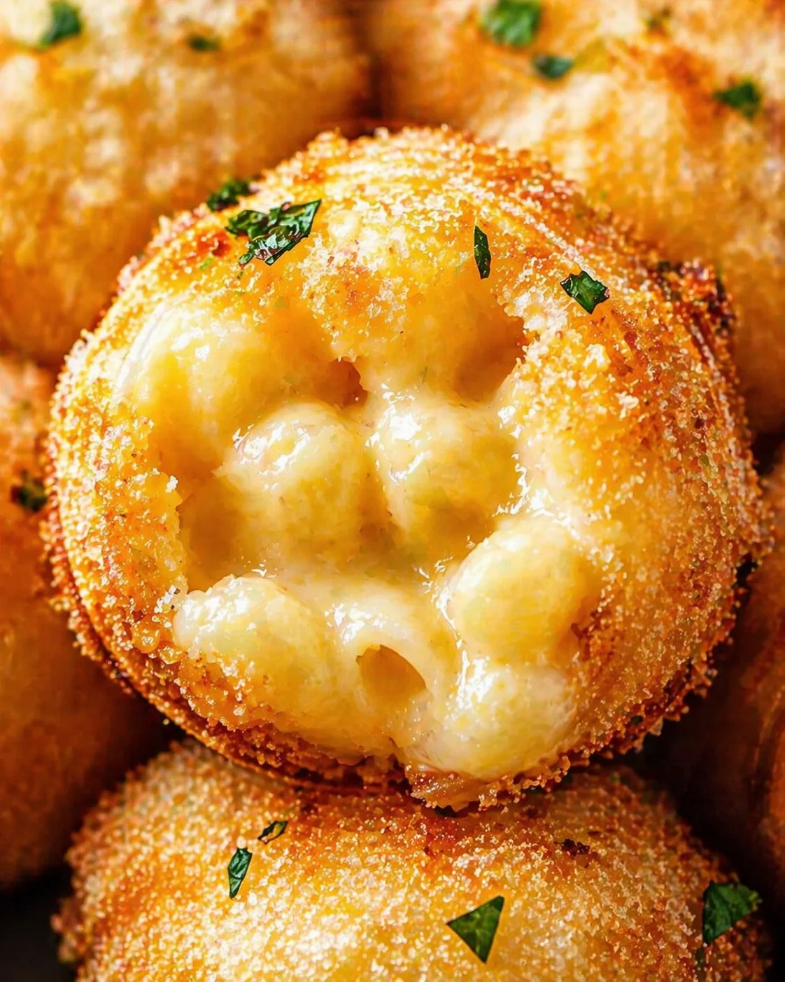 golden breadcrumb-coated cheese puff with melted cheese center and parsley garnish