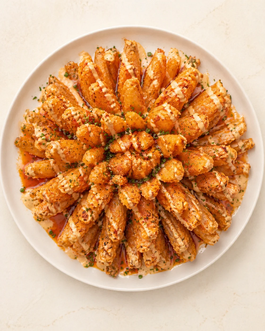 Round plate of crispy mozzarella sticks arranged like petals, drizzled with white sauce and herbs.