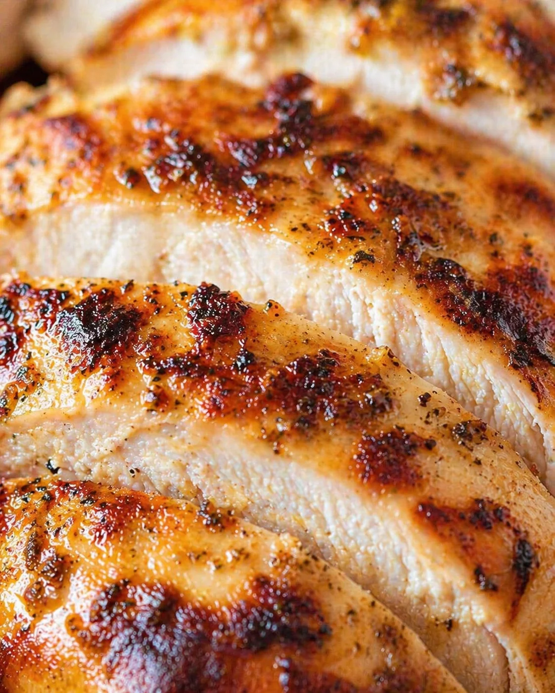 Close-up of sliced crispy herb-roasted chicken with juicy, golden-brown skin.