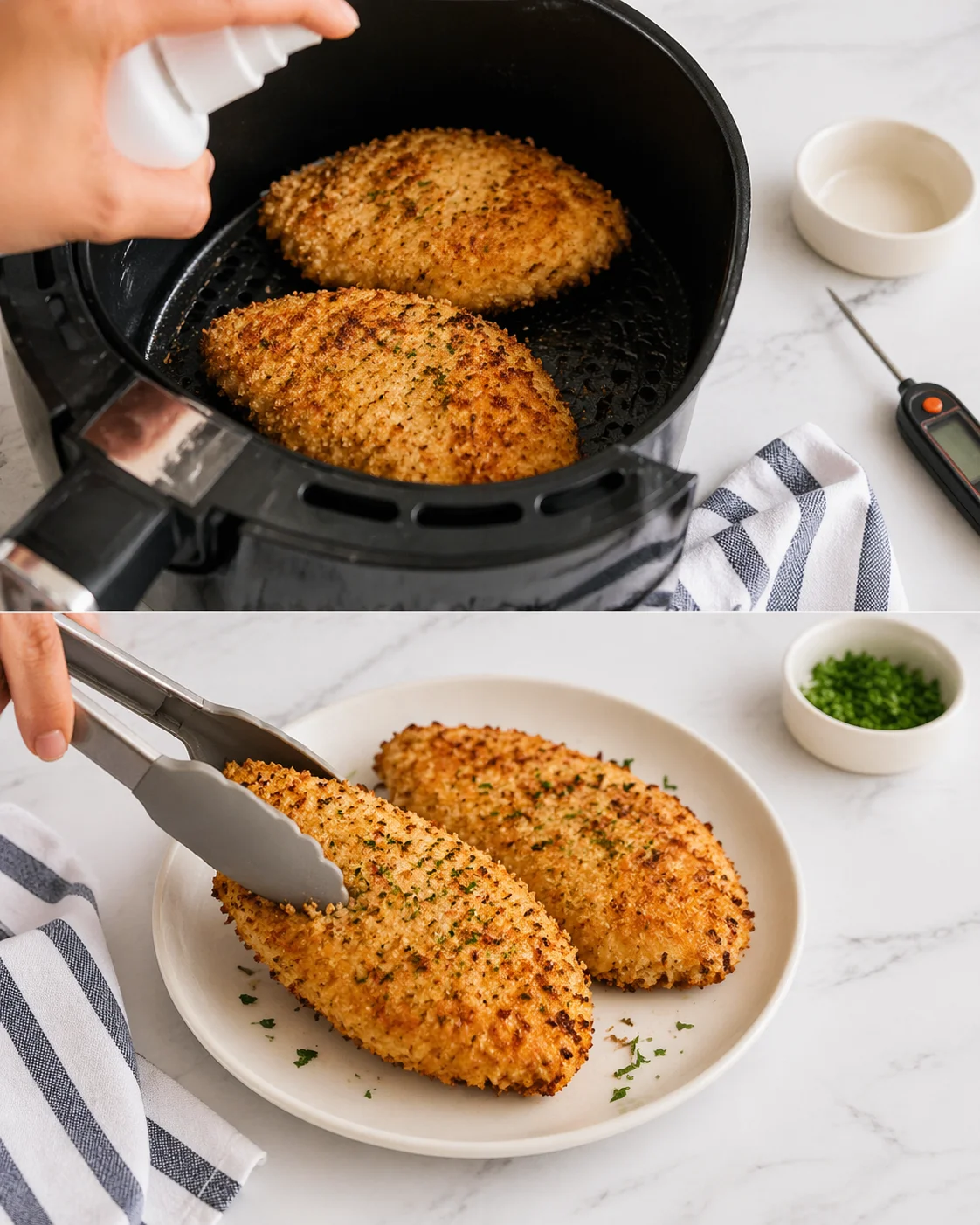 Two golden breadcrumb-coated croquettes on a white plate, with tongs and a small bowl of chopped parsley nearby.