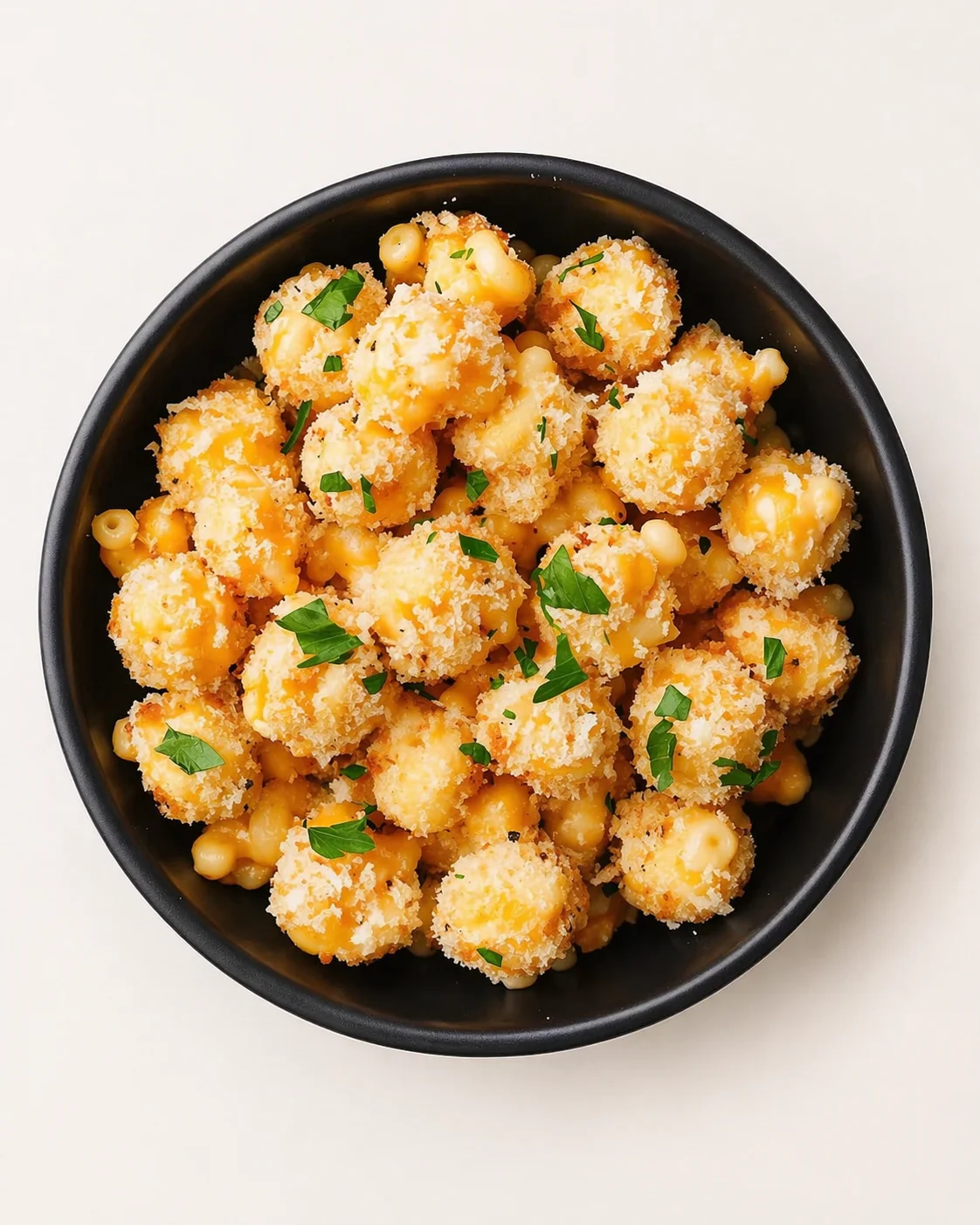 bowl of crispy breadcrumbed mac and cheese bites garnished with chopped parsley