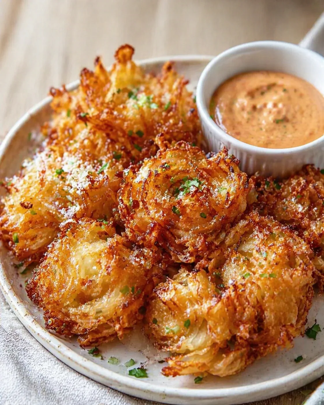 Golden-brown crispy potato rosettes on a plate with a small ramekin of dipping sauce