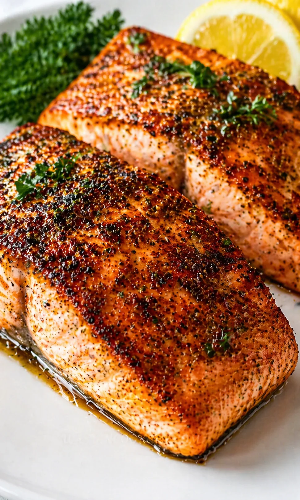 Two salmon fillets with a crispy herb crust, garnished with parsley and lemon.