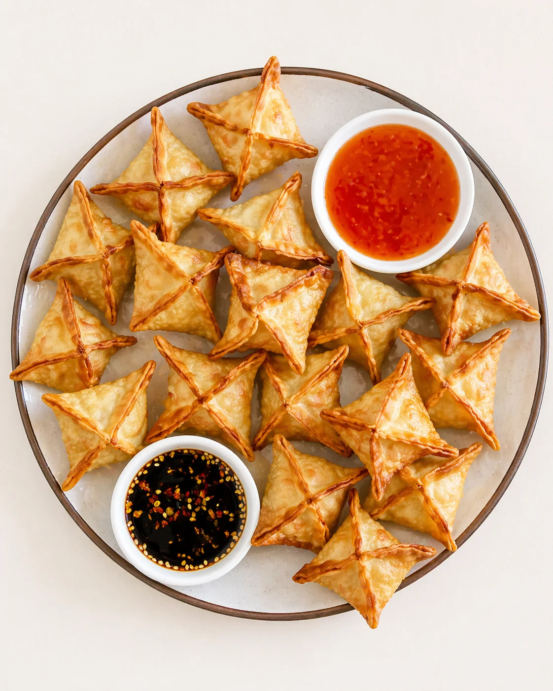 round ceramic plate full of golden-brown triangular samosas with red chili and soy dipping sauces
