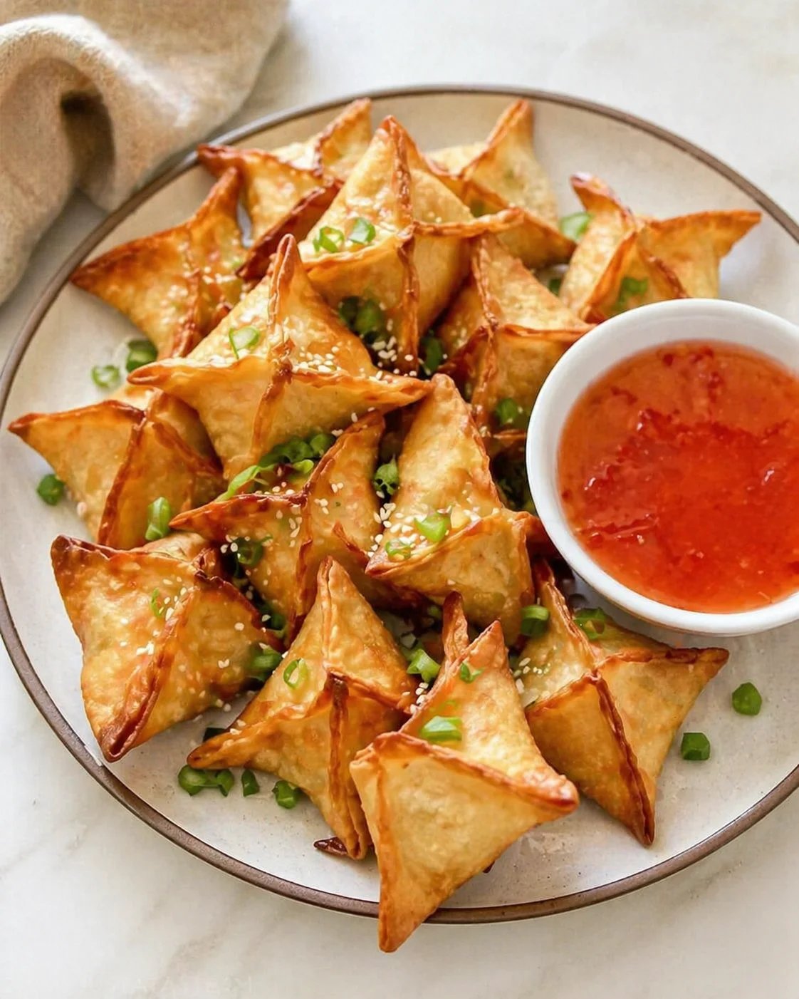 Plate of crispy fried wonton triangles with sesame seeds and green onions, served with red dipping sauce.