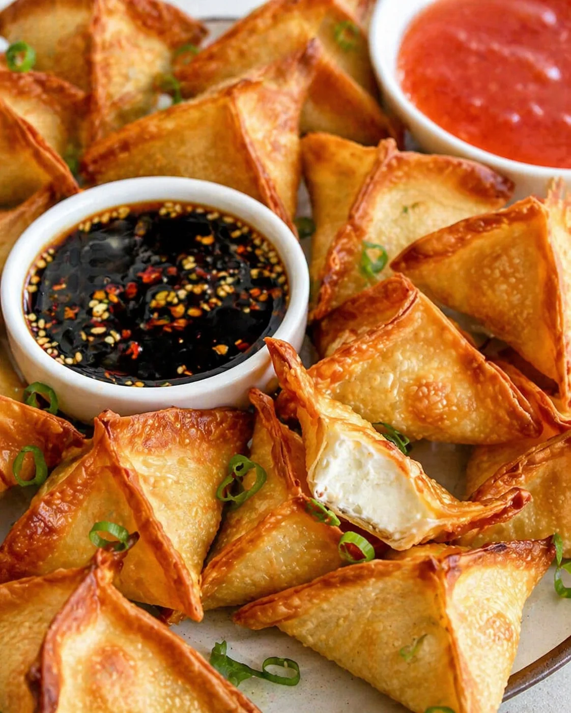 Golden-brown fried wonton triangles arranged around two dipping sauces on a platter