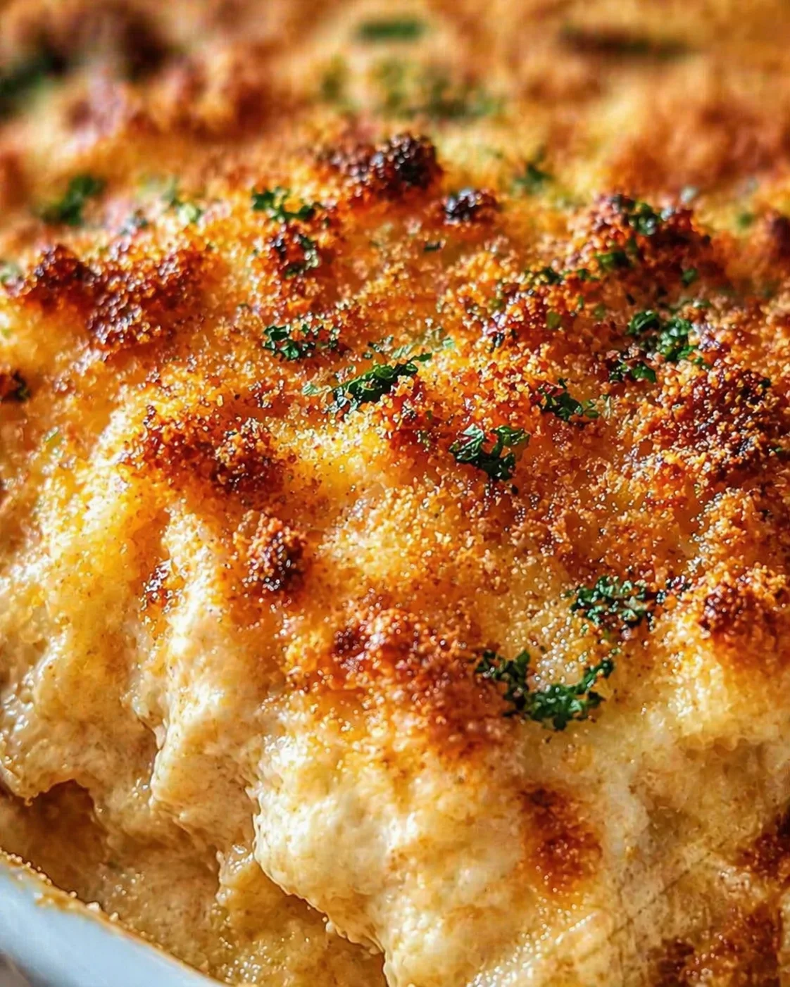 close-up of golden, crispy roasted chicken with herb topping and parsley garnish