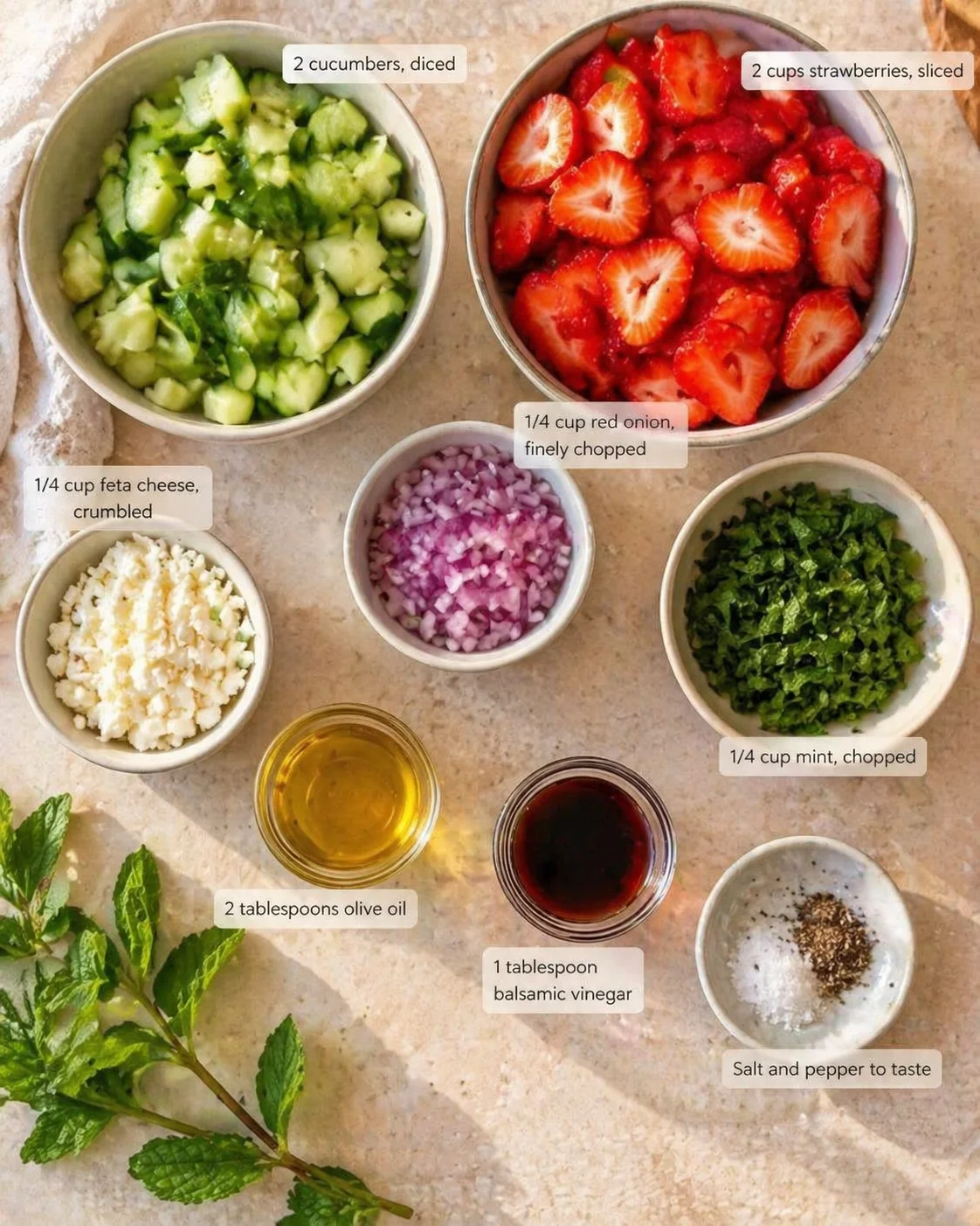top-down view of bowls with cucumber, strawberries, feta, red onion, mint, olive oil, vinegar, and seasonings