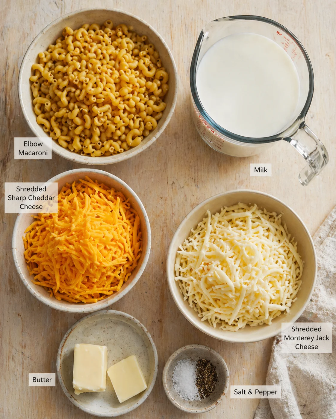 Measured ingredients arranged for Amazing Crockpot Mac and Cheese for Delicious Comfort: Elbow Macaroni, Shredded Sharp Cheddar Cheese, Shredded Monterey Jack Cheese, Milk (whole milk recommended), Butter, Salt & Pepper