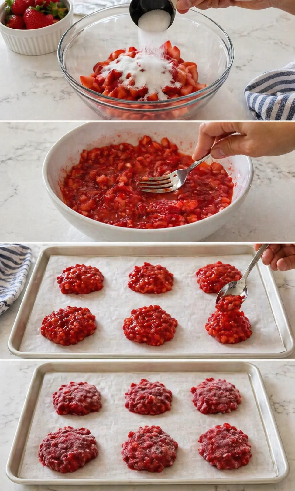Fork-mashed strawberry pulp scooped into six dollops on parchment for freezing.