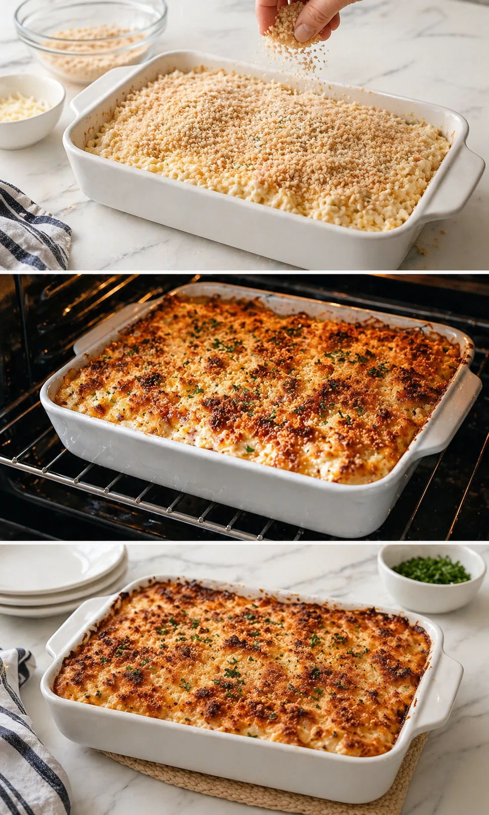 Bubbly, golden-topped casserole with toasted breadcrumbs, resting in dish before slicing.