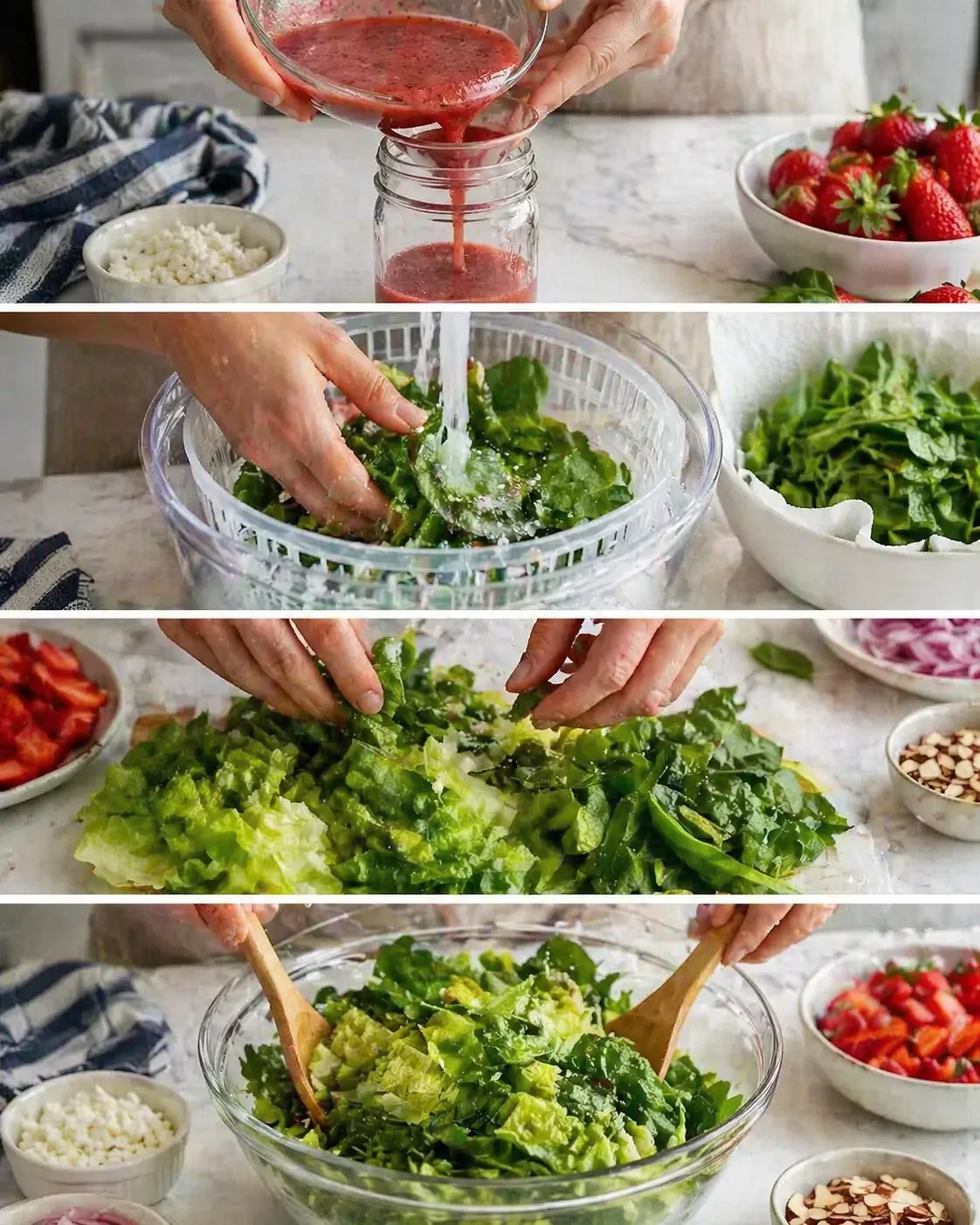 Hands tearing romaine and spinach over a large bowl, wet leaves being dried nearby.