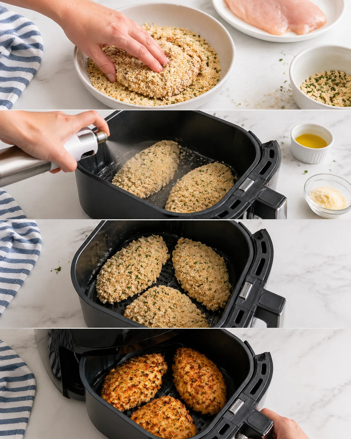 Breadcrumb-coated chicken pieces arranged in a single layer inside lightly sprayed air-fryer basket.