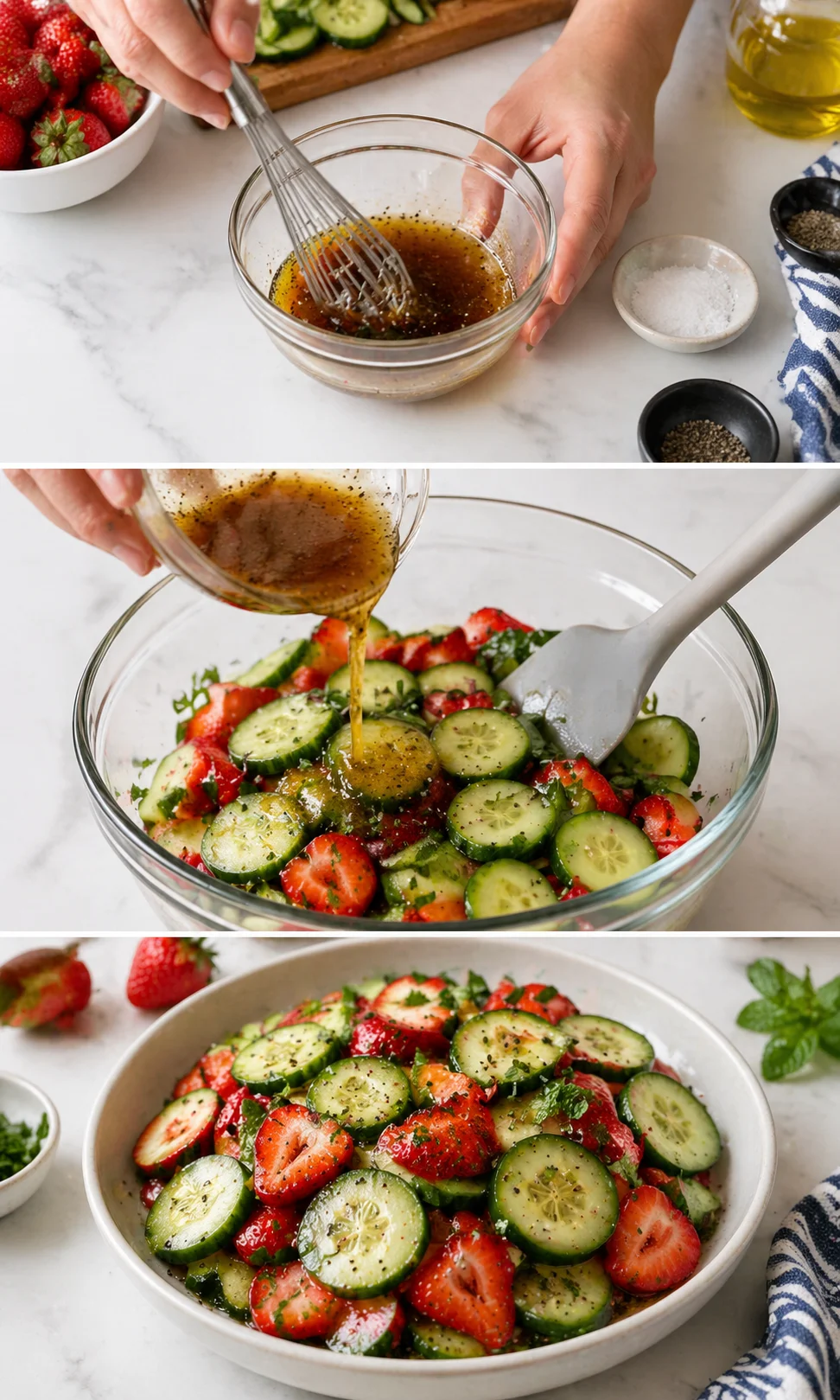Dressing being poured over cucumber-strawberry salad while someone gently tosses it
